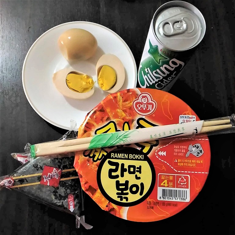 Ramen Bokki, Chilsung Cider, Sauna eggs, Triangle Gimbap
